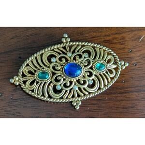 Vtg JJ Gold Tone Filigree Blue Green Glass Brooch Pin Cabochon Oval Art Deco 3”